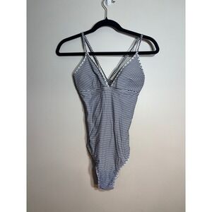 Cupshe Womens Navy Blue White Striped V-Neck One Piece Swimsuit Medium